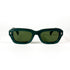 vue de face d’une paire de lunettes Lanvin, forme trapézoïdale rectangulaire, acétate vert marbré et verres teintés verts, fond blanc