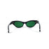 Vue arrière des lunettes de soleil œil-de-chat vintage avec verres verts et branches épaisses noires