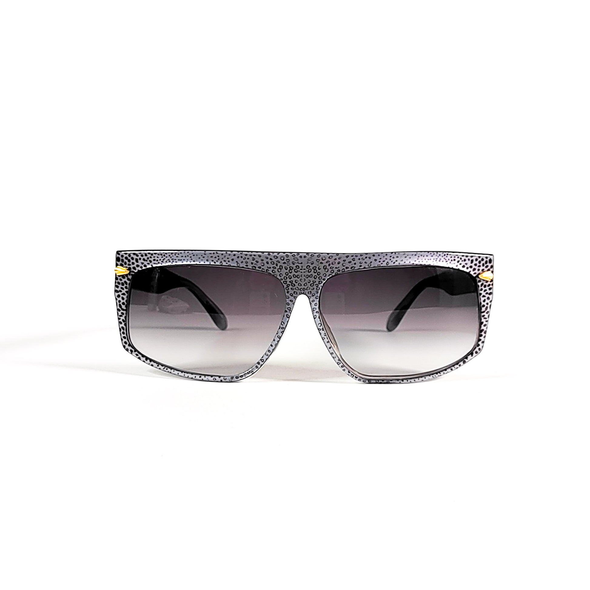 Lunettes de soleil vintage Babil flat-top oversize 80s, acétate moucheté gris noir, vue de face.