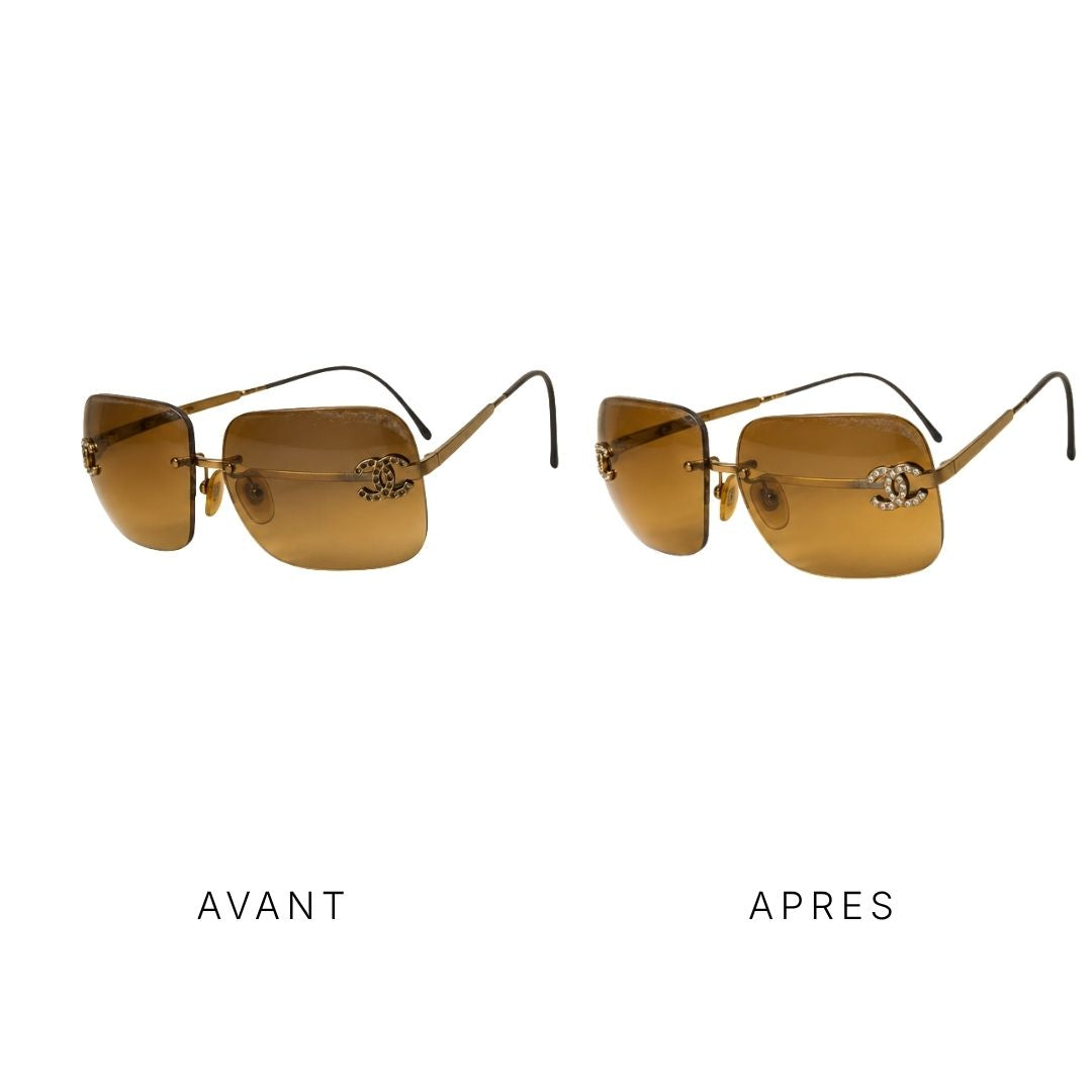Remplacement des strass d'un monogramme CC Chanel — avant/après re-strassage, Atelier Fouquet
